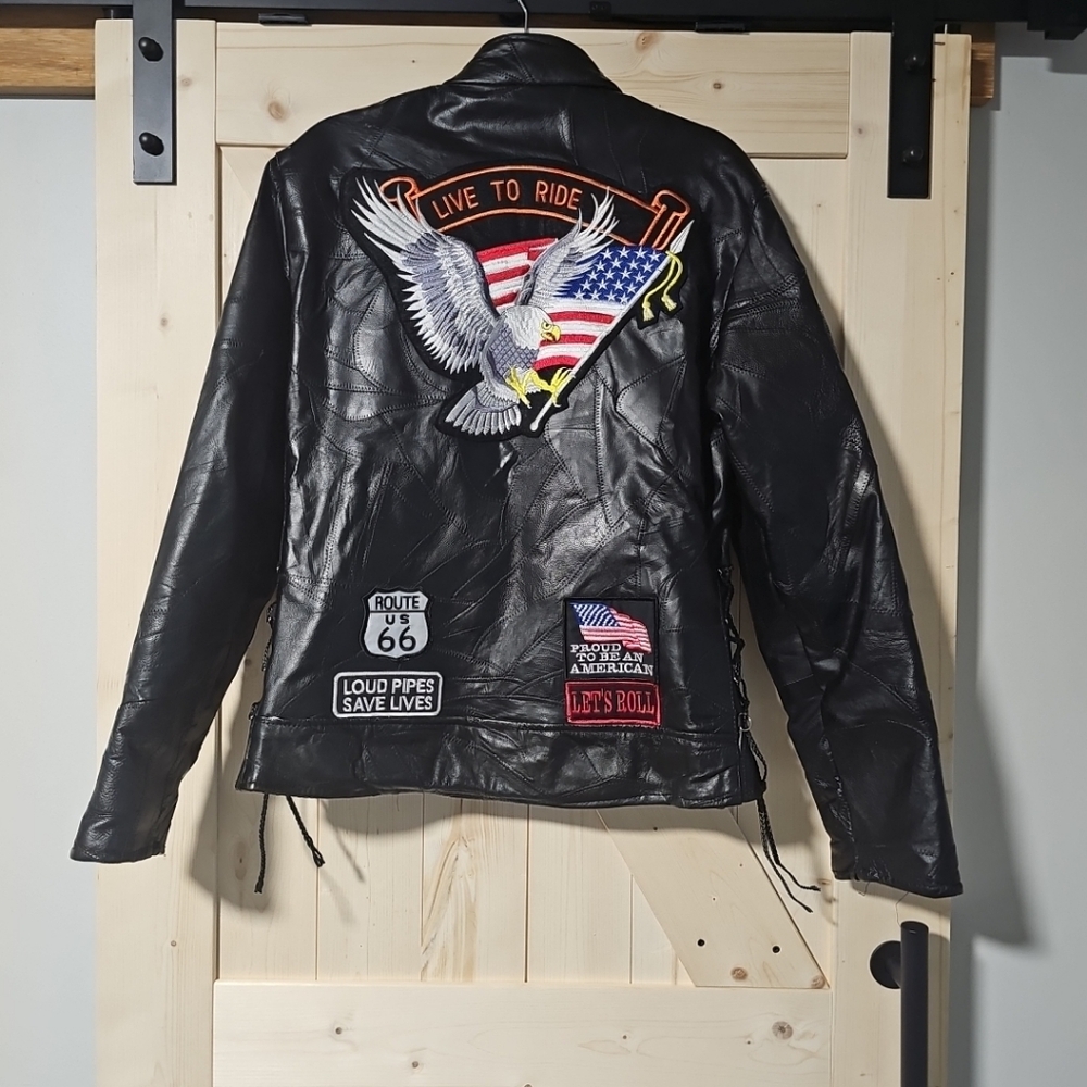 Harley-Davidson Black Leather Jacket with Eagle and Flag Patches